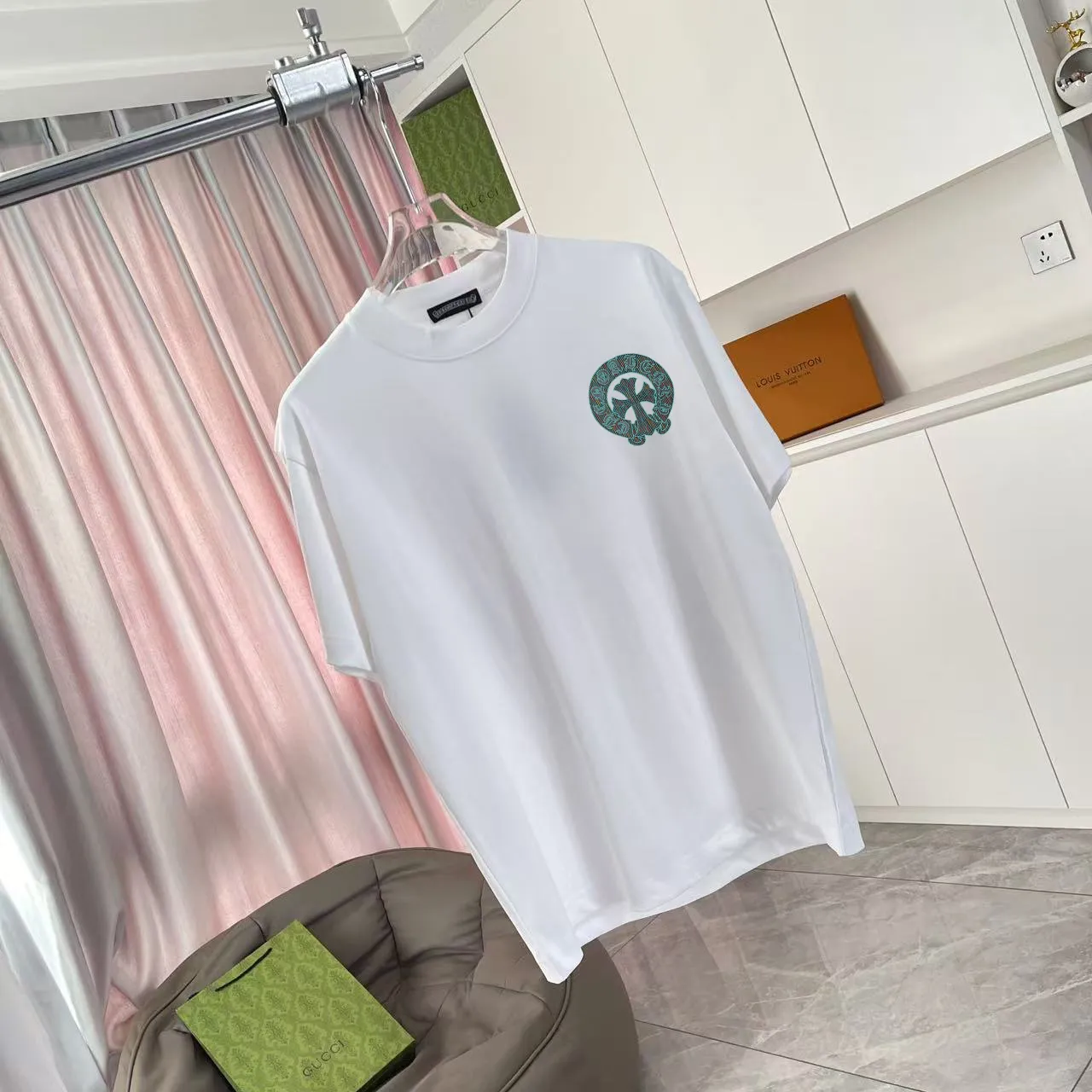🅿️170 ch Crow*2025 summer new style Sanskrit cross horseshoe print short-sleeved T-shirt customized fabric 300g same style for men and women Size: S M L XL XXL five sizes Color: black white pink rose red iron gray
